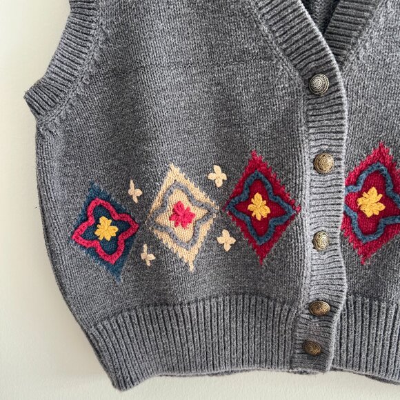 Vintage 90s Lizsport Petite Western Embroidered Cotton Sweater Vest Retro Boho - Picture 2 of 5